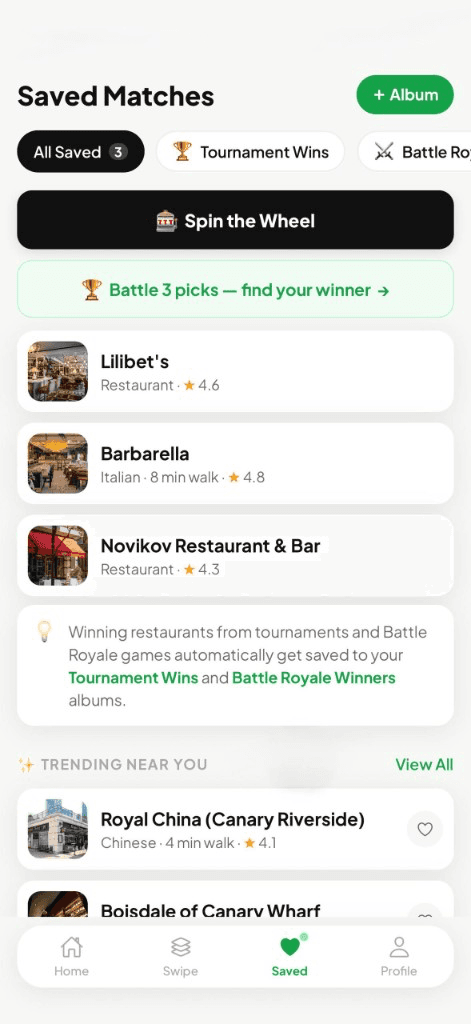 Saved Matches list with Spin the Wheel and nearby venues