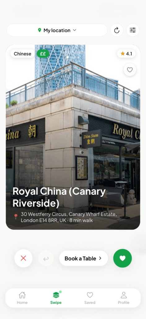 Swipy Solo Swipe screen showing a restaurant card
