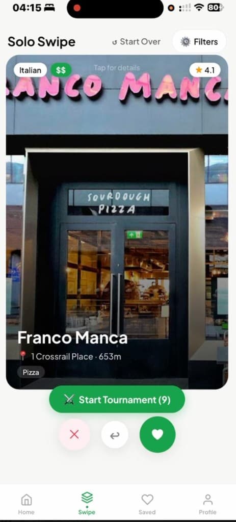 Swipy Solo Swipe screen showing a real restaurant card